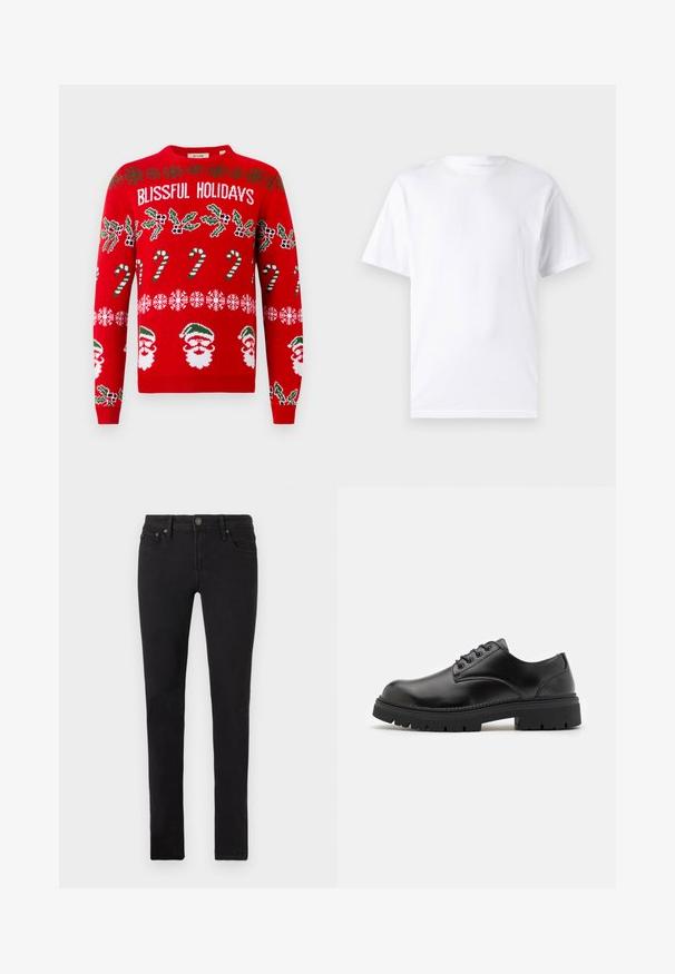 Pull en tricot rouge arborant le texte "HOLIDAYS BLISSFUL", du houx vert, des cannes en sucre, des flocons de neige et des visages de Père Noël en accents blancs et verts.; T-shirt blanc à manches courtes en coton avec un col rond, présentant une texture lisse et un design simple, sans motifs ni accents.; Jeans noirs slim avec cinq poches, fermeture à bouton et passants de ceinture, présentés à plat sur un fond blanc.; Chaussures en cuir noir avec un bout rond, un laçage et une semelle en caoutchouc épaisse et texturée. Présente des coutures le long du bord et une finition lisse.