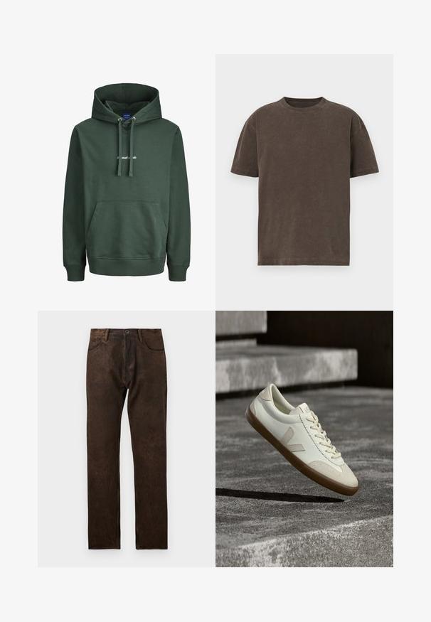 Grüner Hoodie aus Baumwolle mit einer Kängurutasche vorne, gerippten Bündchen und einem gestochenen Logo auf der Brust in Weiß. Einfaches Design.; Dunkelbraunes T-Shirt mit kurzen Ärmeln aus weichem Stoff. Verfügt über einen Rundhalsausschnitt und eine lockere Passform, mit glatter Textur und minimalistischem Design.; Braune Denim-Jeans mit leicht abgenutzter Struktur, gerade Beinform, fünf Taschen und einem Knopfverschluss an der Taille.; Weiße Leder-Sneaker mit beige-gummiartiger Sohle, flachen Schnürsenkeln und V-förmigem Akzent an der Seite. Verfügt über eine glatte Oberfläche und minimale Nahtdetails.
