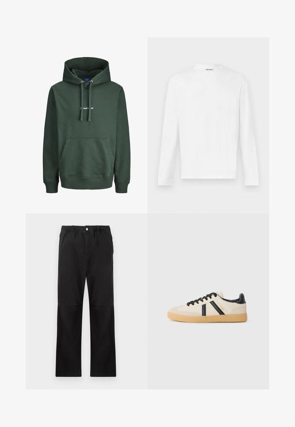 Sudadera con capucha verde de algodón, con un bolsillo tipo canguro en la parte frontal, puños acanalados y un logo bordado en el pecho en blanco. Diseño sencillo.; Camiseta blanca de manga larga con cuello redondo, corte recto y diseño sencillo, mostrada sobre un fondo claro.; Pantalones negros de algodón con una cintura elástica, que cuentan con un diseño de pierna recta, textura suave y sin acentos ni patrones visibles.; Zapatillas casuales en crema con rayas negras, con parte superior texturizada y suela de goma. Los cordones son negros. Logo sutil en el costado.
