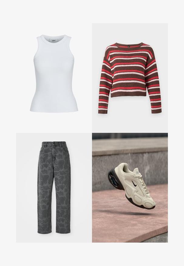 Bruine gebreide trui met lange mouwen met horizontale rode, roze en witte strepen en een ronde hals.; Witte geribde tanktop met een ronde halslijn en zonder mouwen. Heeft een slim fit en een zachte textuur, geschikt voor lagen.; Grijze denim jeans met een bloemenpatroon, hoge taille, rechte pijpen en een klassieke vijf-pocket ontwerp. Duurzaam materiaal met een lichte textuur.; Lichtbeige Nike sneaker met zwarte zool en luchtkussen, in de lucht boven stenen trappen in een buitenomgeving.