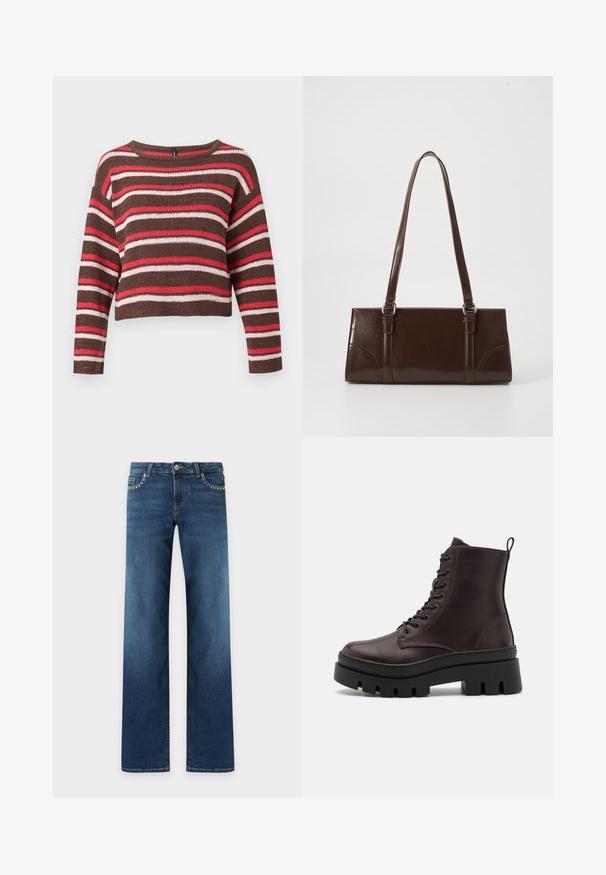 Brun strikket langærmet sweater med vandrette røde, pink og hvide striber og rund halsudskæring.; Mørkeblå jeans med lige ben, fem lommer, lukning med metal-knap og små sølvnitter langs forkantene af forlommerne.; Brune læder ankelstøvler med en rund tå, sort kraftig sål og snørredetaljer. Har en bageste løkke for nem påtagning.; Brun lakeret håndtaske med rektangulær form, to lange håndtag og subtile buede detaljer på fronten.
