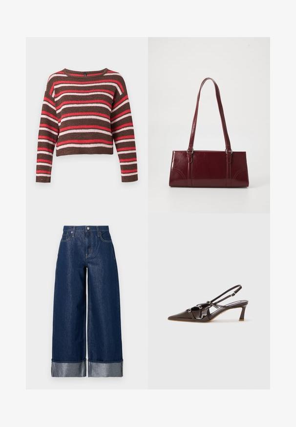 Brun strikket langærmet sweater med vandrette røde, pink og hvide striber og rund halsudskæring.; Vidbenede mørkeblå denimjeans med høj talje, fem-lomme design og opsmøgede kanter, der viser et lysere indre stof.; Brune patenteret læder slingback hæl med spids tå, justerbare stropper og dekorative spænder foran. 3-tommers hælhøjde.; Bordeaux håndtaske lavet af glansfuldt materiale, rektangulær form, med to skulderremme og subtile buede detaljer på forsiden.