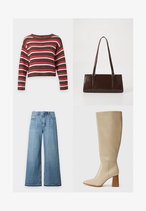 Pull marron tricoté à manches longues avec des rayures horizontales rouges, roses et blanches et un col rond.; Jean en denim bleu clair taille haute avec jambes larges, fermeture avant par bouton et fermeture éclair, et design à cinq poches.; Botte en cuir beige haute jusqu'au genou avec un bout pointu, un talon bloc texturé et une surface lisse. Détail de couture à la cheville et en haut de la tige.; Sac à main en cuir verni marron de forme rectangulaire, avec deux longues poignées et des accents courbés subtils à l'avant.