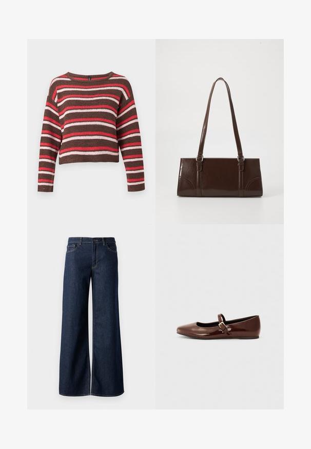 Brun strikket langærmet sweater med vandrette røde, pink og hvide striber og rund halsudskæring.; Bredde ben jeans i mørkeblå denim. Har kontrastsyninger, fem lommer og en knaplukning i taljen. Glat tekstur.; Brun patentlæder balletflade med firkantet tå og strop med en lille guldbuckle. Glat tekstur, lav hæl og minimalistisk design.; Brun lakeret håndtaske med rektangulær form, to lange håndtag og subtile buede detaljer på fronten.