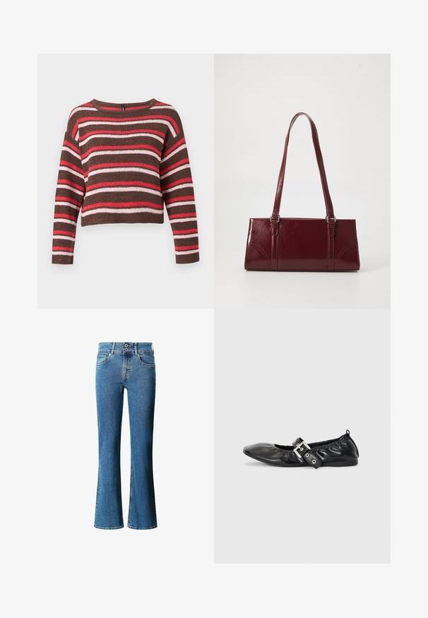 Pull marron tricoté à manches longues avec des rayures horizontales rouges, roses et blanches et un col rond.; Jean en denim évasé bleu moyen, doté d'une taille haute, d'une fermeture à deux boutons, d'un design classique à cinq poches et d'un léger délavage sur l'ensemble.; Chaussure plate en cuir noir avec un nez pointu, des détails froncés autour de l'ouverture et un accent en boucle argentée sur la bride ajustable.; Sac à main bordeaux en matériau brillant, de forme rectangulaire, avec deux anses et des accents légèrement courbés à l'avant.
