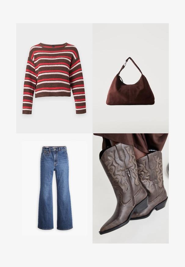Brun strikket langærmet sweater med vandrette røde, pink og hvide striber og rund halsudskæring.; Højtaljede blå denimjeans med bred ben-design, som har en frontlomme, messingknaplukning og kontrastsyninger.; Brune læder cowboystøvler med spids tå, sidelukning og struktureret slange-design i beige, med dekorative nitter langs kanterne.; Blød brun ruskind skuldertaske med en enkelt rem og sølvfarvet metal hardware på en ensartet lys baggrund.