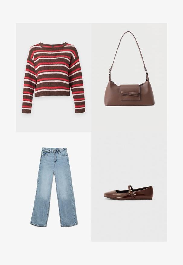 Brun strikket langærmet sweater med vandrette røde, pink og hvide striber og rund halsudskæring.; Lyseblå højtaljede jeans med vide ben, knap- og lynlås-lukning, for- og baglommer samt bæltestropper.; Brun patentlæder balletflade med firkantet tå og strop med en lille guldbuckle. Glat tekstur, lav hæl og minimalistisk design.; Brun skuldertaske i læder med en frontlomme med klap, der har en sydd sløjfedetalje, og en justerbar rem.
