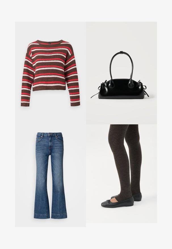 Brun strikket langærmet sweater med vandrette røde, pink og hvide striber og rund halsudskæring.; Udståede denimjeans i mørkeblå. Har fem lommer, bæltestropper og orange syninger. Glat tekstur med et klassisk pasformdesign.; Ben iført mørke ribbede leggings kombineret med sorte balletsko med små sløjfedetaljer på hvid baggrund.; Lille sort blank håndtaske med to lange håndtag og snøre-detaljer i siden på en ensfarvet lys baggrund.