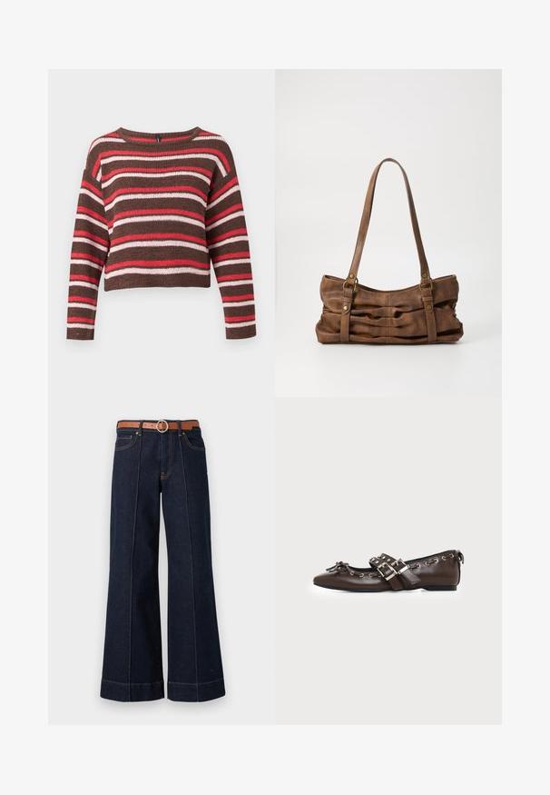 Bruine gebreide trui met lange mouwen met horizontale rode, roze en witte strepen en een ronde hals.; Donkerblauwe denim wijde pijpen jeans met een hoge taille, een brown riem en zichtbare stikseldetails. Bevat voorzakken en heeft een relaxed fit.; Donkerbruine leren platte schoen met puntige neus, dubbele zilveren gespsluitingen, metalen klinknagels en een decoratief strikje aan de voorkant.; Even&Odd Handtas - brown