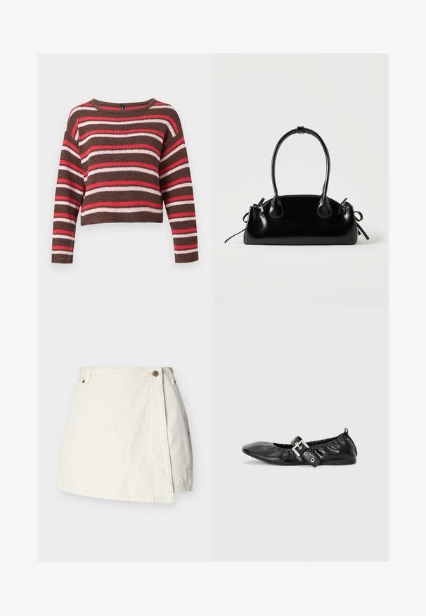 Pull marron tricoté à manches longues avec des rayures horizontales rouges, roses et blanches et un col rond.; Mini-jupe en denim blanc avec devant style portefeuille, passants pour ceinture et fermeture à bouton métallique sur la taille.; Chaussure plate en cuir noir avec un nez pointu, des détails froncés autour de l'ouverture et un accent en boucle argentée sur la bride ajustable.; Petit sac à main noir brillant avec deux longues anses et des détails à cordon sur les côtés sur un fond clair uni.