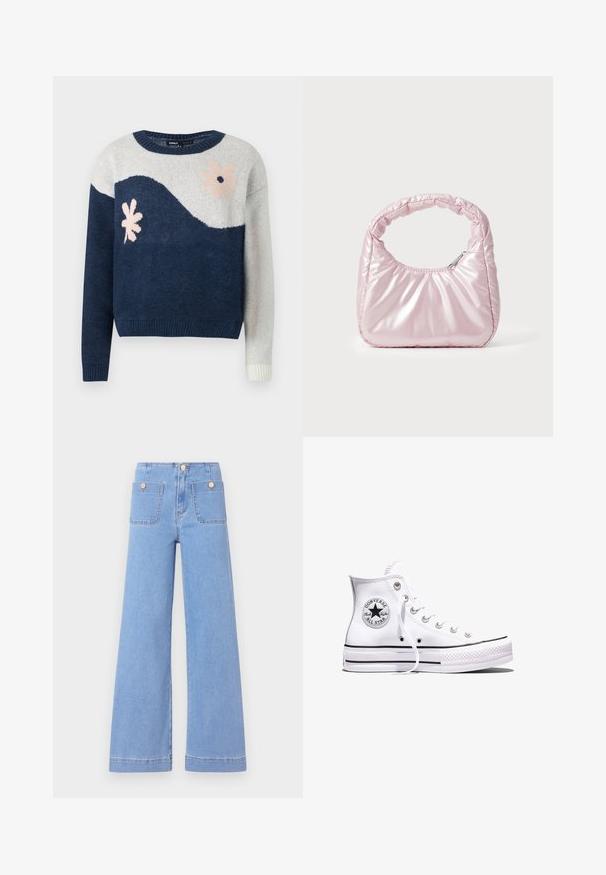 Suéter de punto en navy y gris claro con patrón de olas, diseño floral en rosa y negro, cuello redondo, puños y dobladillo acanalados.; Jeans de pierna ancha de color azul claro con cintura alta, dos bolsillos traseros y botones en tono dorado. Están confeccionados con denim de textura suave y acabado limpio.; Zapatilla Converse Chuck Taylor All Star blanca de caña alta con rayas negras y parche de logo en el lateral, mostrada sobre un fondo blanco liso.; Bolso de mano acolchado en color rosa con un diseño redondeado, fabricado en material brillante. Presenta un asa fruncida y un cierre de cremallera para un acceso seguro.