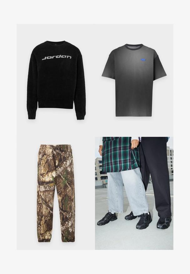 Suéter negro y peludo con cuello redondo y puños acanalados. Presenta un logo gris de "Jordan" en la parte frontal. Textura suave y ajuste relajado.; Camiseta gris de manga corta con un sutil degradado, cuello redondo y un pequeño logo azul en el pecho. Textura de tela suave.; Pantalones de chándal de camuflaje con un patrón natural en tonos marrón y verde, que cuentan con una cintura elástica con cordón y puños elásticos en los tobillos.; Zapatillas deportivas negras con acentos de malla y goma. Combinadas con jeans de pierna ancha de color gris claro y una blusa de cuadros verdes. Fondo de superficie plana.