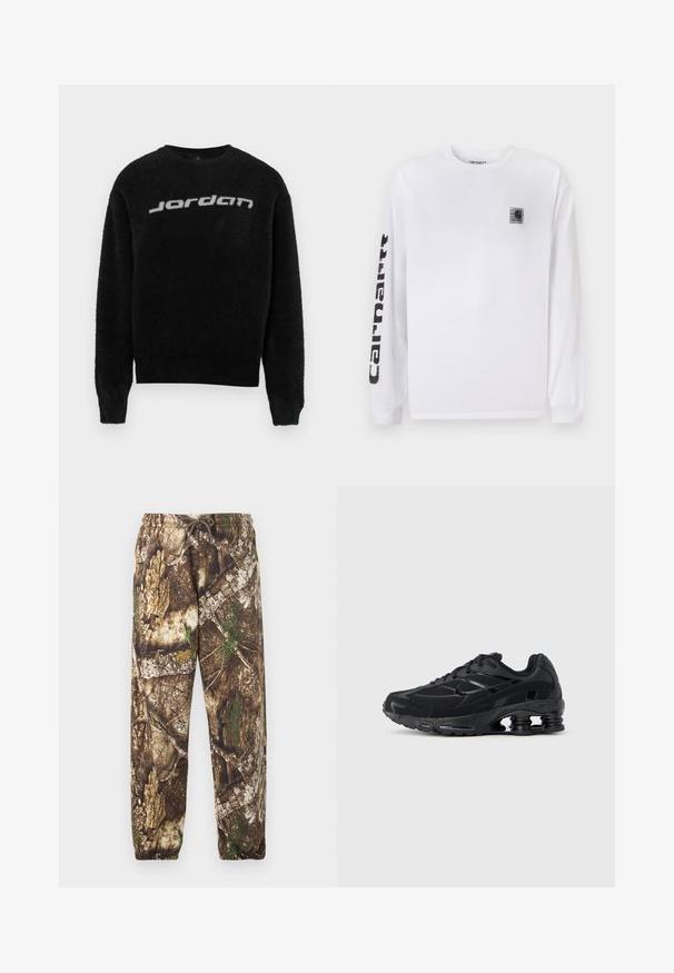 Suéter negro y peludo con cuello redondo y puños acanalados. Presenta un logo gris de "Jordan" en la parte frontal. Textura suave y ajuste relajado.; Camiseta blanca de manga larga hecha de algodón, con un pequeño parche de logo negro en el pecho y un texto en negrita negro a lo largo de la manga izquierda.; Pantalones de chándal de camuflaje con un patrón natural en tonos marrón y verde, que cuentan con una cintura elástica con cordón y puños elásticos en los tobillos.; Zapatilla deportiva negra con parte superior de malla, cuello acolchado y tecnología de amortiguación prominente en el talón. Presenta detalles texturizados y cordones.