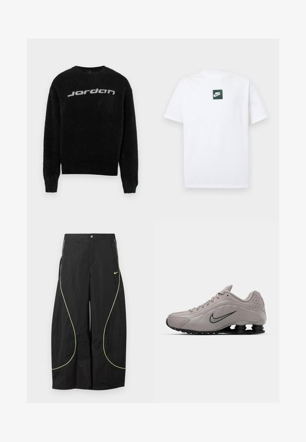 Musta karvainen neulepaita pyöreällä pääntiellä ja resorireunuksilla hihansuissa. Edessä harmaa "Jordan"-logo. Pehmeä pinta ja rento istuvuus.; Valkoinen Nike-lyhythihainen T-paita, jossa pieni vihreä neliönmuotoinen logo, jossa on Nike Swoosh -merkki ja teksti rinnan keskellä.; Musta, leveälahkeiset Nike-housut, joissa neonvihreä kaareva koristesauma ja pieni Nike Swoosh -logo oikeassa reisiosassa, napitus ja vetoketjukiinnitys vyötäröllä.; Vaaleanharmaa urheilukenki, jossa on muotoiltu päällinen, teksturoidut yksityiskohdat, musta pohja ja voimakas Nike-logon swoosh tummanharmaana. Sisältää reikäkohteita.