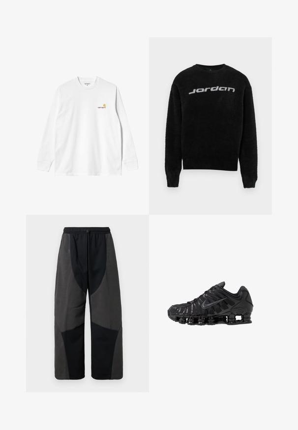 Suéter negro y peludo con cuello redondo y puños acanalados. Presenta un logo gris de "Jordan" en la parte frontal. Textura suave y ajuste relajado.; Camiseta blanca de algodón de manga larga con cuello redondo, que presenta un pequeño logo amarillo y burdeos en el lado izquierdo del pecho. Puños y dobladillo sin costuras.; Pantalones negros con acentos de forro polar y un corte relajado, que presentan paneles de tela en gris oscuro en contraste y una cinturilla ajustable con cordón.; Zapatillas deportivas negras fabricadas con malla y materiales sintéticos, con un diseño ondulado distintivo, suela de goma negra y detalles reflectantes.
