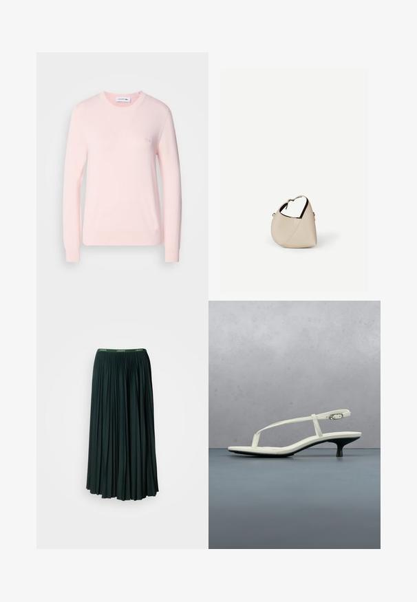 Lys pink strikket sweater med rund hals, lange ærmer og ribbede manchetter. Har et lille broderet logo på brystet. Blød tekstur.; Lang, plisseret nederdel i mørkegrøn med en bred talje, der har brandnavnet "LACOSTE" i kontrasterende grøn skrift.; Hvid sandal med stropper og kitten-hæl med spids tå, svævende over et trægulv udendørs med en sløret plante og væg i baggrunden.; Beige læder håndtaske i halvmåneform med en enkelt skulderrem og minimal syning, sat mod en ensartet hvid baggrund.