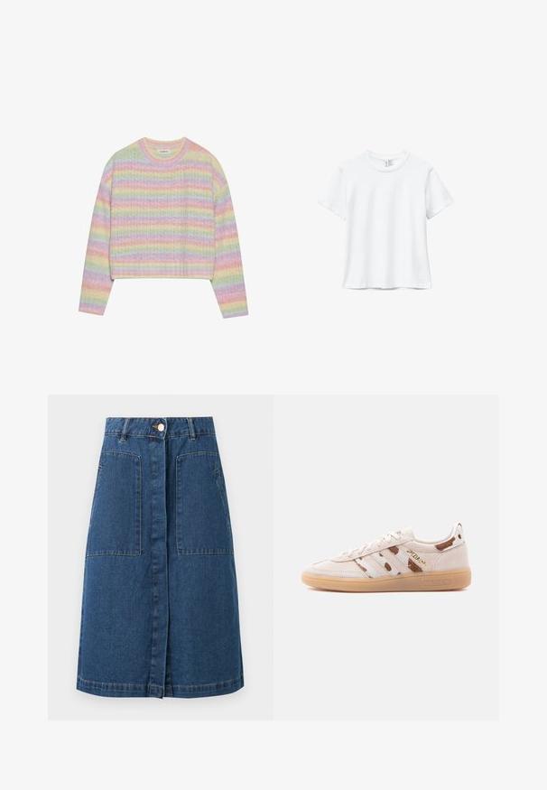 Pull en tricot à rayures pastel avec un col rond, des manches longues et une taille courte. Le tissu présente une finition légèrement texturée.; T-shirt blanc uni en coton à manches courtes avec col rond, présenté à plat sur un fond blanc.; Jupe en denim bleu foncé longueur genou avec fermeture boutonnée à l'avant, passants pour ceinture et deux grandes poches plaquées à l'avant.; Baskets basses en daim beige avec semelle gomme, motif à rayures marron et blanc, "SPEZIAL" en lettres dorées sur le côté.