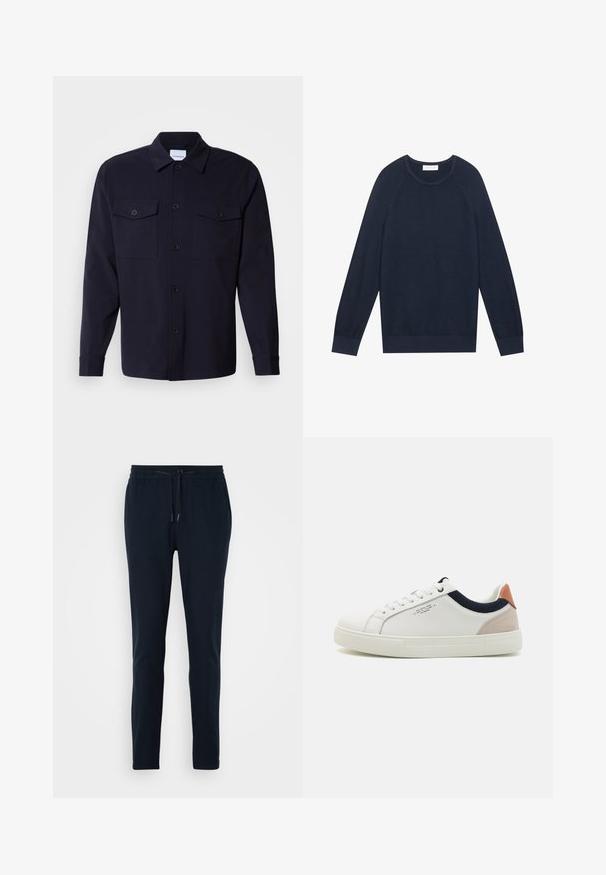 Mørkeblå sweater, let strikket stof, rund halsudskæring, ribbede manchetter og kant, med raglanærmer og en subtil tekstur.; Marineblå skjortejakke lavet af blødt stof, der har to brystlommer, knaplukning foran og lange ærmer med knapmanchetter.; Marineblå joggerbukser lavet af blødt stof med elastisk talje, justerbar snøre og tapered ben design.; Hvide lædersneakers med low-top design, marineblå stofdetalje på kraven og en lys lyserød suede hælflap. Gummisål.