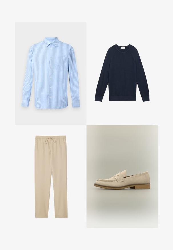 Mørkeblå sweater, let strikket stof, rund halsudskæring, ribbede manchetter og kant, med raglanærmer og en subtil tekstur.; Lyseblå og hvid stribet langærmet skjorte med knaplukning og en enkelt brystlomme. Simpel, klassisk design på en neutral baggrund.; Beige, lette bukser med elastisk talje og snøre. Lige ben-design; glat tekstur uden mønstre eller pynt.; Lysebeige læderloafer med lav hæl, mokkastiksøm og en remdetalje over toppen, vist i profil.
