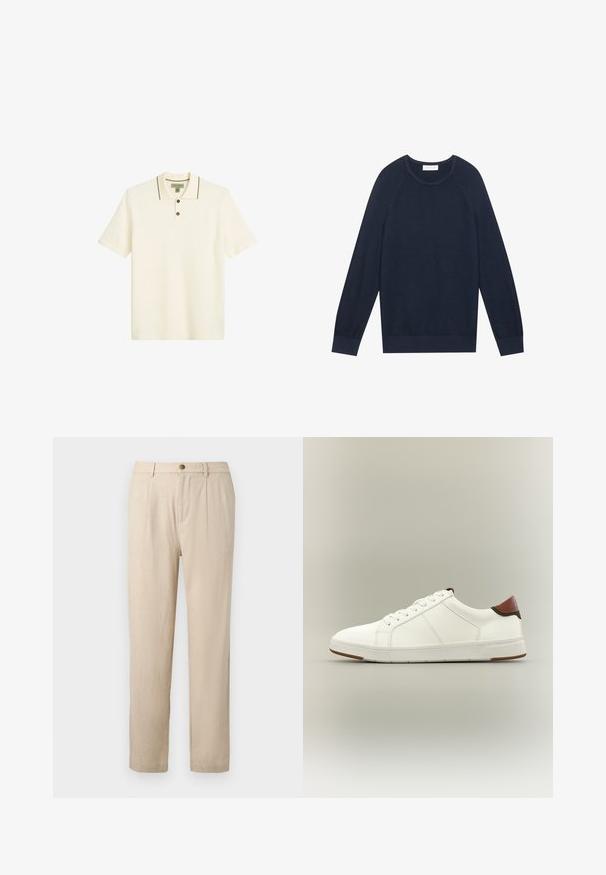 Marineblauwe trui, lichtgewicht breiwerk, ronde halslijn, ribgebreide manchetten en zoom, met raglanmouwen en een subtiele textuur.; Lichtcrème polo-shirt met een drie-knopen placket, contrasterende donkere randen op de kraag en korte mouwen. Textuur afwerking van de stof.; Beige op maat gemaakte broek met voorplooien, knoopsluiting, ceintuurlussen en een rechte pijp.; Witte lage sneaker met witte veters, gestructureerde zijpanelen, en een bruine hielband op een neutrale achtergrond.