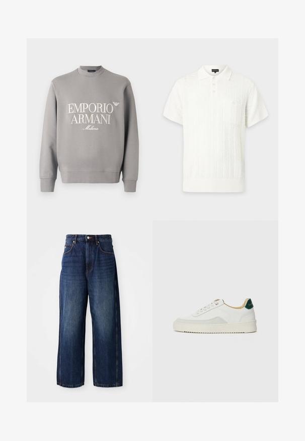 Huppari harmaana, jossa on pyöreä kaula-aukko, ribbaantuneet hihansuut ja kermansävyinen brodeerattu "EMPORIO ARMANI Milano" -logo. Pehmeä puuvillasekoitemateriaali.; Valkoinen lyhythihainen poolopaita, jossa teksturoitu neulekuvio, kolme nappia sisältävä nappilista, kaulus ja napillinen rintatasku.; Tummansiniset leveät farkut, jotka on valmistettu denimistä. Ominaisuuksiin kuuluu klassinen vyötärö, jossa on vyölenkit, etutaskut ja suora siluetti.; Valkoiset tennarit, joissa on nahkaosia, pyöreä kärki, tasaiset nauhat ja kermaisa kumi-pohja. Takana vihreä brändäys.