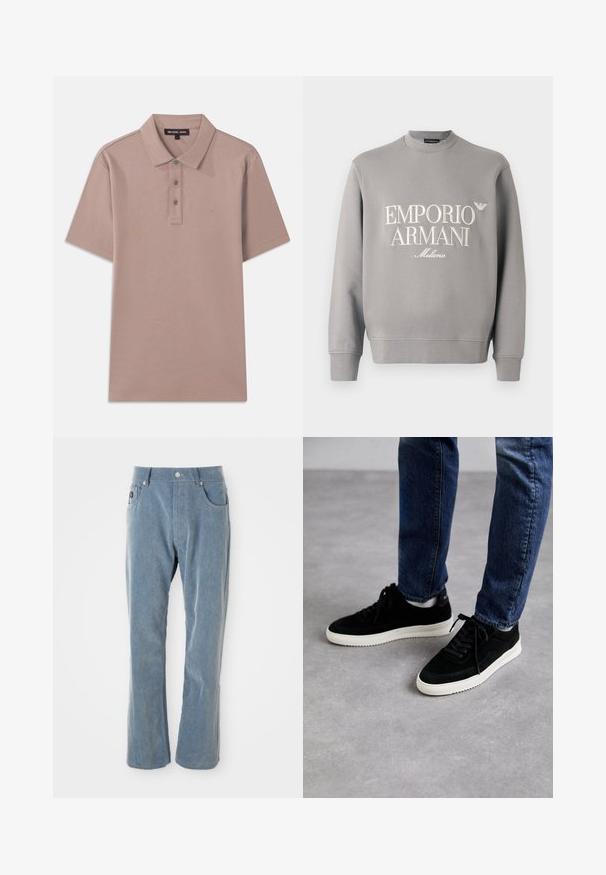 Huppari harmaana, jossa on pyöreä kaula-aukko, ribbaantuneet hihansuut ja kermansävyinen brodeerattu "EMPORIO ARMANI Milano" -logo. Pehmeä puuvillasekoitemateriaali.; Paita polo vaaleanruskeasta kankaasta, lyhyet hihat, kolmen napin lista ja brodeerattu "MK" logo rinnassa. Sujuva rakenne.; Vaaleansiniset corduroy-housut, joissa on napin ja vetoketjun sulkeminen, etutaskut ja suorat lahkeet valkoisella taustalla.; Mustat mokkakengät, joissa on valkoinen kumipohja, klassinen matala muotoilu, pyöreä kärki ja litteät mustat nauhat.