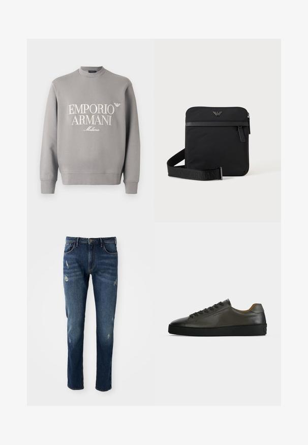 Grijze sweatshirt met een ronde hals, geribbelde manchetten en een geborduurd "EMPORIO ARMANI Milano" logo in crème. Zachte katoenmix.; Donkerblauwe denim jeans met slim fit, lichte slijtage op de dijen en knieën, klassiek vijf-pocket ontwerp en knoopsluiting.; Donkergrijze leren lage sneaker met zwarte veters en zool, minimalistisch ontwerp, zijaanzicht op een effen lichte achtergrond.; Zwarte vierkante schoudertas met ritssluiting, voorvak en verstelbare band met geperste merknaam.