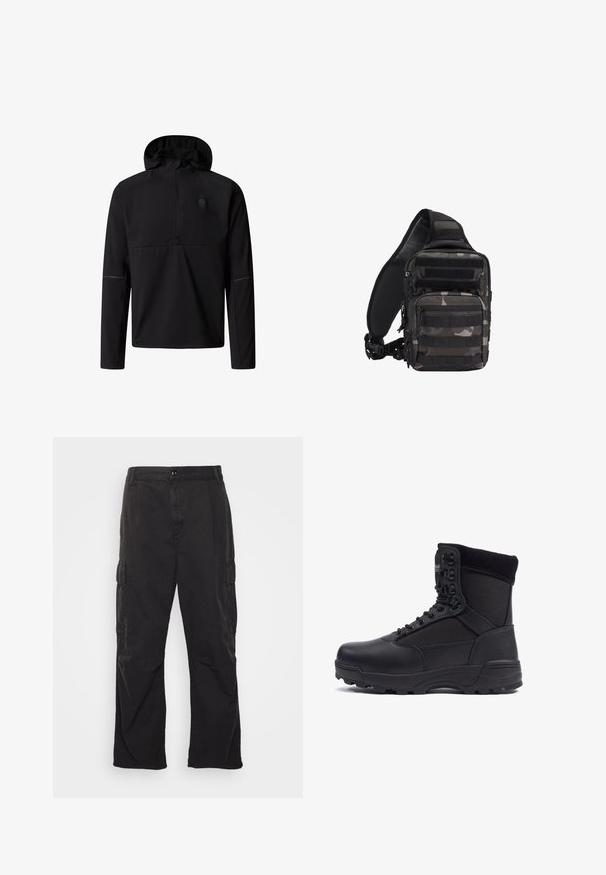 Pull-over à capuche noir à manches longues avec une fermeture éclair partielle et un logo discret sur le côté gauche de la poitrine, conçu pour une utilisation en extérieur ou pour un style décontracté.; Pantalons cargo noirs avec une coupe droite, dotés de deux poches latérales, d'une fermeture à bouton et d'un tissu texturé.; Botte tactique noire avec une tige en cuir lisse et des panneaux en tissu, design montante, fermeture à lacets à l'avant et semelle en caoutchouc robuste.; Sac tactique compact camouflage noir et gris avec plusieurs compartiments zippés et une bandoulière rembourrée réglable.