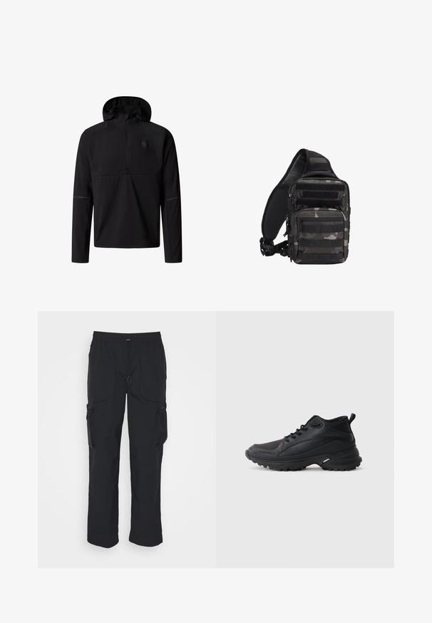 Schwarzer Kapuzenpullover mit langen Ärmeln, Viertel-Reißverschluss und dezentem Logo auf der linken Brust, entworfen für den Außenbereich oder den Freizeitgebrauch.; Schwarze Cargo-Hosen aus gewebtem Stoff. Mit verstellbarem Bund, Seitentaschen und zwei Utility-Taschen mit Reißverschlüssen.; Schwarze Sportschuhe aus synthetischem Material. Ausgestattet mit einem gepolsterten Kragen, einer runden Spitze, einer robusten Laufsohle mit Profil und einem Markenlogo.; Kompakte schwarze und graue Camouflage-Taktik-Slingtasche mit mehreren Reißverschlussfächern und verstellbarem, gepolstertem Schultergurt.