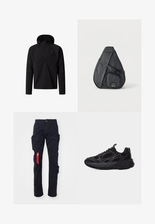 Sudadera negra con capucha, de manga larga, con cremallera parcial y logo sutil en el pecho izquierdo, diseñada para uso al aire libre o casual.; Pantalones cargo negros con múltiples bolsillos laterales, un pasador para cinturón y una etiqueta de tela roja en el lado izquierdo. Hechos de un material de algodón duradero.; Zapatilla deportiva negra con detalles de malla y cuero, suela gruesa, con las marcas "ICEBERG" y "1974", y tiradores en la lengüeta y el talón.; Bolso cruzado negro en forma de lágrima con correa ajustable y bolsillo delantero con cremallera que presenta un pequeño parche con el logo de la marca.