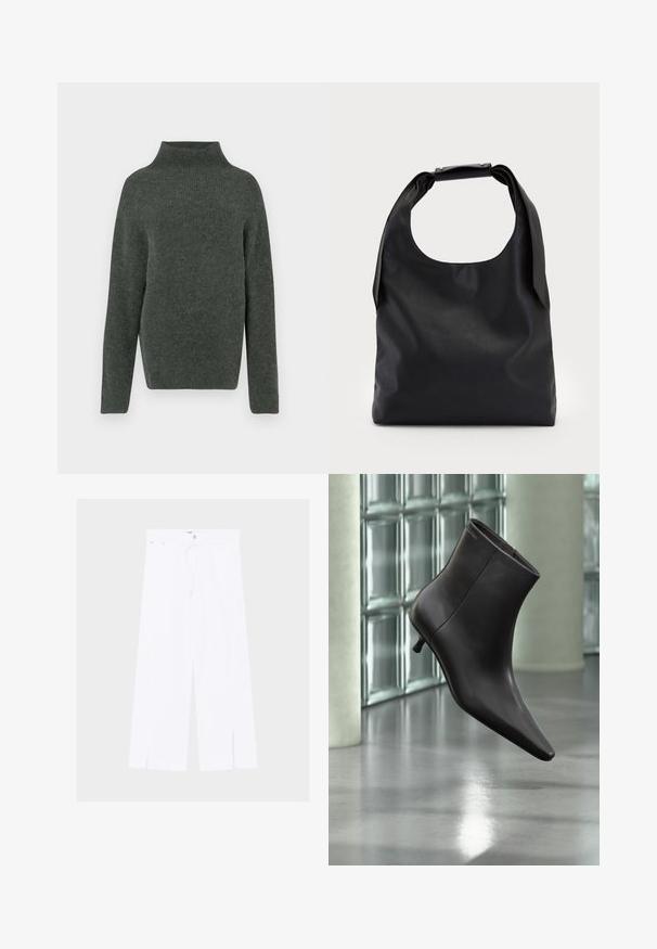 Suéter de punto verde oscuro con cuello alto, mangas largas y corte relajado. Su tejido texturizado tiene una apariencia suave y ligeramente borrosa.; Pantalones blancos de pierna ancha con aberturas delanteras en el bajo, cierre de botón y cremallera, y cinturilla estrecha con trabillas.; Bota de cuero negro para el tobillo con puntera puntiaguda y tacón pequeño, exhibida frente a una pared de bloques de vidrio y un suelo pulido.; Bolso de mano de cuero negro con una gran abertura superior y una sola correa para el hombro. Textura suave, diseño minimalista, con detalles sutiles de herrajes.