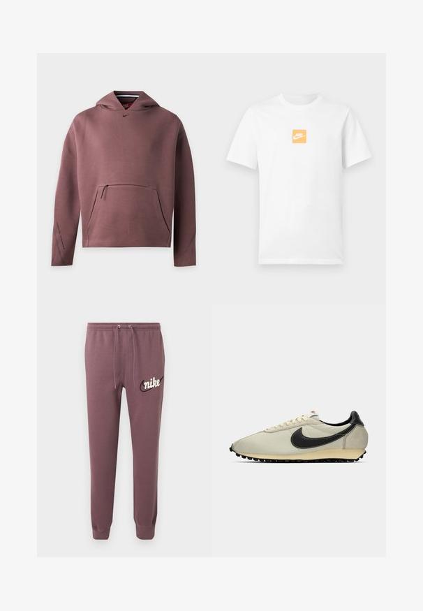 Μακρυμάνικο ρουά φούτερ Nike με φερμουάρ στην μπροστινή τσέπη και μικρό μαύρο λογότυπο Swoosh κάτω από τη γραμμή του λαιμού.; Λευκό κοντομάνικο βαμβακερό μπλουζάκι με μικρό πορτοκαλί τετράγωνο στο στήθος που περιέχει λευκό λογότυπο της Nike και το swoosh.; Μαβ φούτερ παντελόνι Nike με ελαστική μέση, κορδόνι, μανσέτες στα πόδια και λευκό λογότυπο Nike με μαύρο σβούρα στο αριστερό μηρό.; Μπεζ καμβαδίνη αθλητικά με μαύρες δερμάτινες λεπτομέρειες, στρογγυλή μύτη, επίπεδη μαύρη σόλα και λευκές κορδόνες. Διαθέτει έντονο μαύρο λογότυπο.
