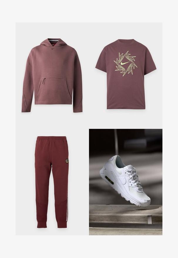 Sudadera con capucha Nike de manga larga en color malva con bolsillo frontal con cremallera y pequeño logo Swoosh negro bajo el escote.; Camiseta de manga corta color burdeos con un diseño abstracto circular espinado en neón amarillo y un logo central de swoosh en el pecho.; Chándal marrón con un logo hexagonal de Nike, cinturilla elástica, dos bolsillos laterales y rayas laterales blancas. Tejido texturizado con diseño de pierna ajustada.; Zapatilla Nike Air Max 90 blanca con parte superior de malla y cuero, caja de puntera perforada y unidad de aire visible en el talón.
