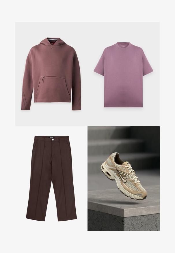 Langærmet mauve Nike hættetrøje med lynlåslomme foran og lille sort Swoosh-logo under halsudskæringen.; Kortærmet oversized t-shirt med rund hals i afdæmpet mauve uden synlige grafik eller mønstre på ensfarvet baggrund.; Brune lige ben bukser med frontfolder, lommer i siden, bæltestropper og en mærke knaplukning i taljen.; Beige og hvid Nike løbesko med mesh paneler og sort swoosh, der svæver over en betonkant med slørede trapper i baggrunden.