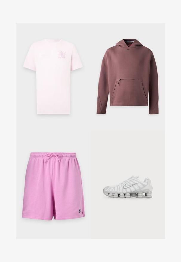 Μακρυμάνικο ρουά φούτερ Nike με φερμουάρ στην μπροστινή τσέπη και μικρό μαύρο λογότυπο Swoosh κάτω από τη γραμμή του λαιμού.; Ανοιχτό ροζ κοντομάνικο μπλουζάκι με στρογγυλή λαιμόκοψη και ξεθωριασμένο γοτθικό κείμενο "WKE" στο πάνω μέρος του αριστερού στήθους.; Ανοιχτό ροζ αθλητικό σόρτς με ελαστική μέση και κορδόνι, με μικρό μαύρο λογότυπο Nike στο αριστερό πόδι.; Λευκό αθλητικό παπούτσι Nike με ορατή αεριζόμενη σόλα και ασημένιο λογότυπο Swoosh στο πλάι, απεικονιζόμενο από την εξωτερική πλευρά.