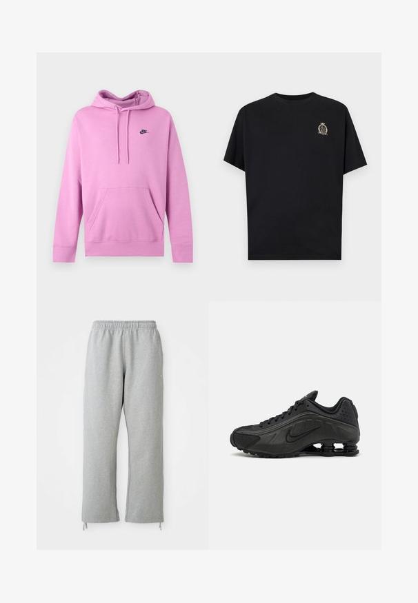 Lyserød Nike hoodie med forlomme og snore, med lille sort Nike-logo på venstre bryst.; Sort T-shirt med korte ærmer med lille beige skjoldlogo på venstre bryst, der indeholder ordet "NIKE" i et laurbær- og krondesign.; Grå sweatpants med elastisk talje, lige ben og snoretræk ved kanten. Fremstillet af blødt, struktureret stof.; Sorte løbesko med en glat syntetisk overdel, perforerede detaljer, teksturerede sidedele og en distinkt fjedrende sål.