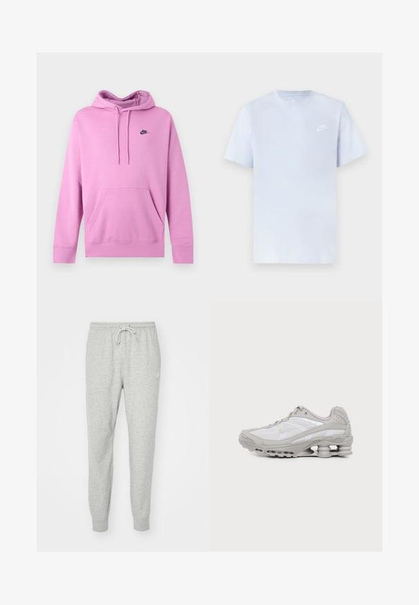 Hele roosa Nike kapuutsiga pusa esitasku ja paeladega, vasakul rinnal väike must Nike logo.; Hele sinine puuvillane t-särk lühikeste varrukatega, ümar kaelus ja valge Nike logo trükituna vasakul rinnal. Sile tekstuur, lihtne disain.; Hallid hallid dressipüksid, mis on valmistatud pehmest materjalist, millel on elastne vöökoht, paelakk ja ribakäised. Küljel on väike logo.; Hall-valge spordijalats nähtava õhkmadratsi ja võrgust detailidega, esitatud küljepildina lihtsal heledal taustal.