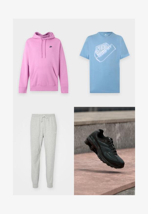 Lichtroze Nike hoodie met voorzak en trekkoorden, met klein zwart Nike-logo op de linkerborst.; Lichtblauw Nike T-shirt met korte mouwen en een groot gestileerd wit Nike-logo en swoosh-beeld op de borst.; Grijze sweatpants gemaakt van zacht materiaal met een elastische tailleband, een trekkoordsluiting en ribgebreide boorden. Voorzien van een klein logo aan de zijkant.; Zwarte atletische sneaker met zichtbare luchtgeveerde tussenzool die boven een roze stenen oppervlak zweeft met een grijze stenen muur op de achtergrond.