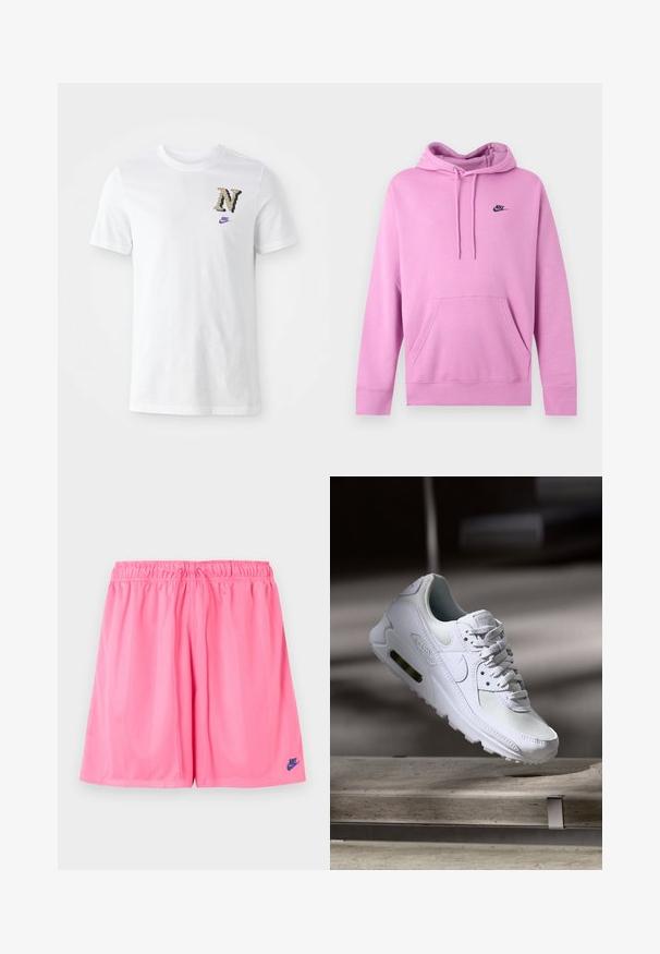 Lyserød Nike hoodie med forlomme og snore, med lille sort Nike-logo på venstre bryst.; Hvid bomulds t-shirt med et camouflagestruktur mønsteret "N" logo og et lille lilla Nike swoosh på brystet. Klassisk crew neck design.; Lyserøde atletikshorts med elastisk linning og lille mørkeblå Nike-logo på venstre ben nederst.; Hvide Nike Air Max 90 sneakers med en overdel i mesh og læder, perforeret tåboks og en synlig luftenhed i hælen.