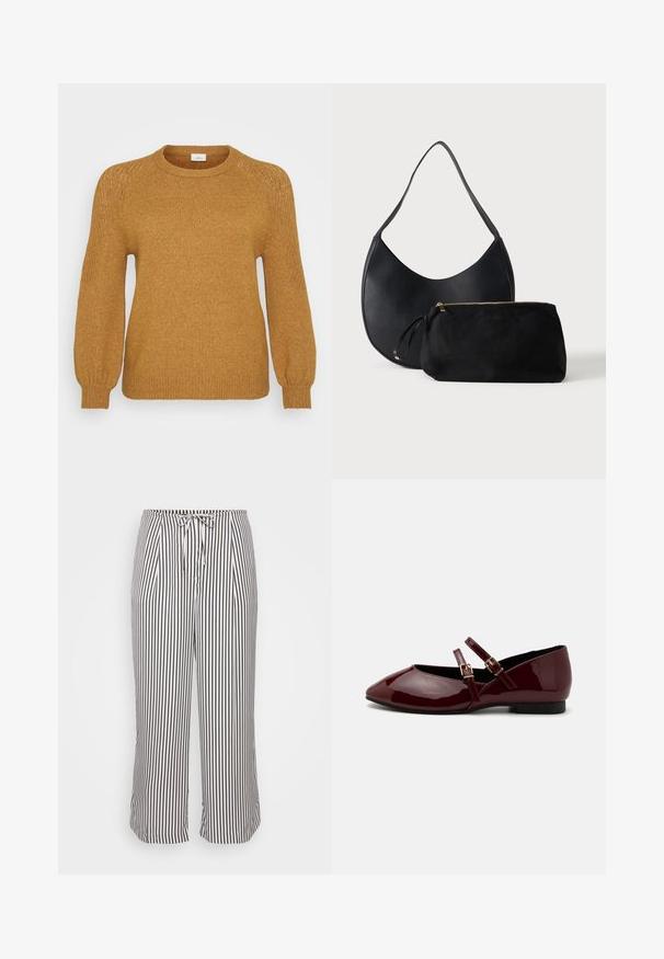 Suéter de punto amarillo mostaza con cuello redondo, dobladillo acanalado y mangas abullonadas que presentan patrones de punto texturizado en los hombros.; Pantalones cortos con cintura elástica, con rayas verticales en navy y blanco, presentados sobre un fondo blanco liso.; Anna Field Bailarinas con hebilla - dark red; Bolso de hombro de piel negra con forma curva y neceser negro a juego con cremallera dorada sobre fondo blanco.
