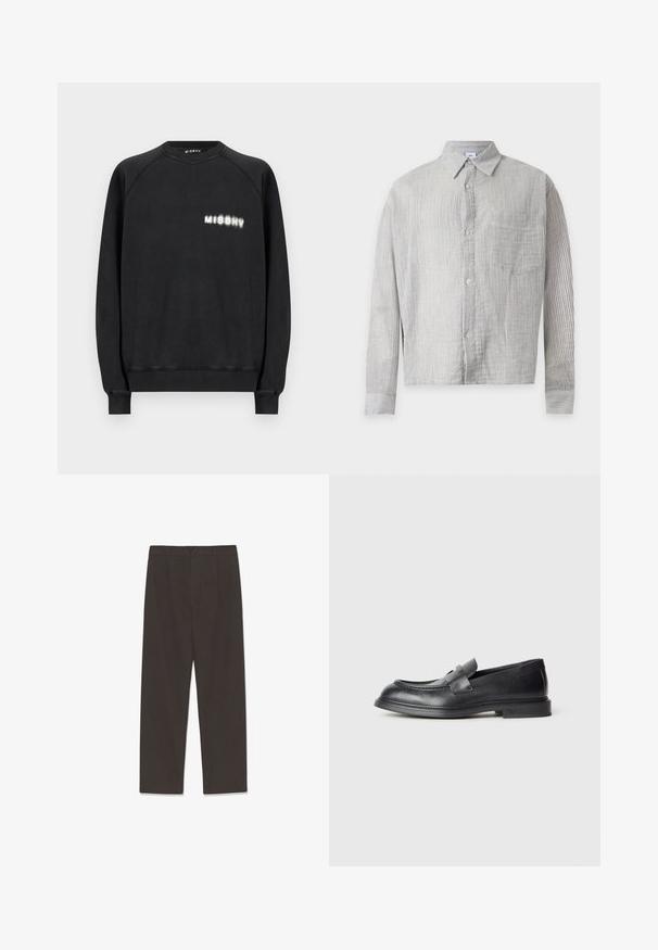 Sweat-shirt noir à col rond avec manches longues et logo blanc "MISBHV" sur la poitrine gauche, poignets et ourlet côtelés, design avant uni.; Chemise à manches longues boutonnée avec fines rayures verticales grises et blanches, col pointu, poche avant et quatre boutons sur le devant.; Pantalon marron foncé en tissu doux, doté d'une coupe à jambe droite, de plis sur le devant et d'une fermeture à un seul bouton à la taille.; Mocassins en cuir noir avec une finition texturée, dotés d'une bride décorative à l'avant et d'un bout arrondi. Semelle en caoutchouc pour plus de durabilité.