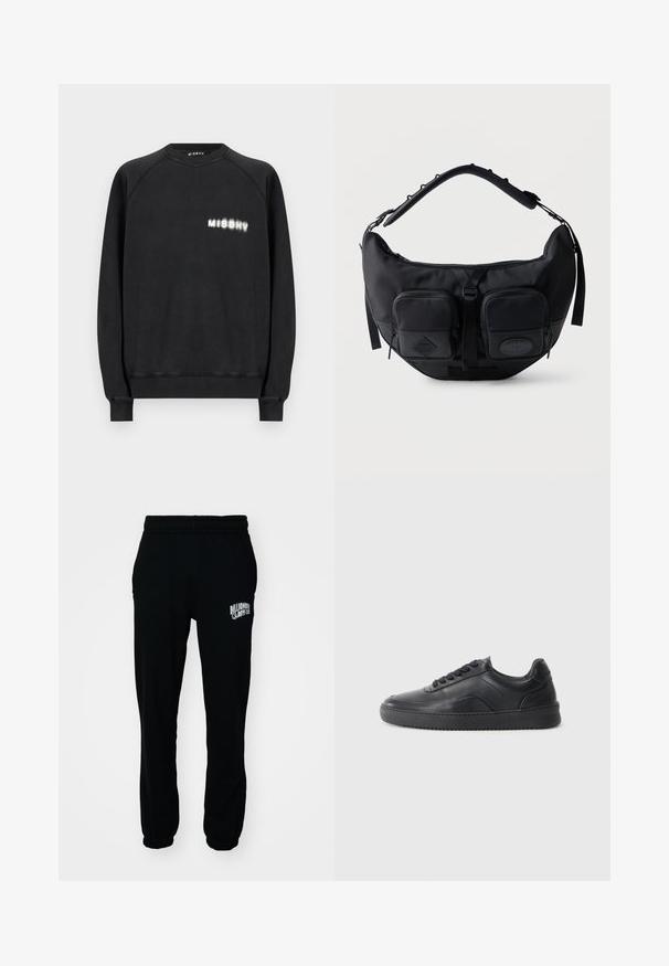 Sudadera negra de cuello redondo con mangas largas y logo blanco "MISBHV" en el pecho izquierdo, puños y dobladillo acanalados, diseño frontal liso.; Pantalones jogger de felpa negra con cintura elástica y puños. Presentan un logo blanco en el muslo izquierdo. Textura suave, corte relajado.; Zapatilla negra de cuero con un acabado suave, punta redondeada, panel lateral texturizado y cordones negros. Presenta una suela de goma plana y un diseño minimalista.; Bolso de hombro negro en forma de media luna con correa acolchada ajustable y dos bolsillos frontales con cremallera y tiradores.