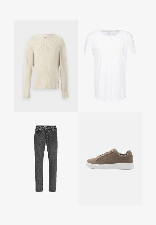 Cremefarvet ribstrikket sweater med lange ærmer, rund halsudskæring og et logo-mærke på den nederste side. Struktureret stof, normal pasform.; Hvid, kortærmet t-shirt lavet af blødt bomuldsstof. Har en rund halsudskæring og en afslappet pasform med en diskret mærkeetiket på kanten.; Jack & Jones Relaxed Fit JJICHRIS JJORIGINAL SQ 734 - Jeans Tapered Fit - black denim; Brune ruskinds sneakers med flade hvide gummisåler, snørelukning, rund tå og en glat overflade. Minimalistisk stil med diskrete syninger.