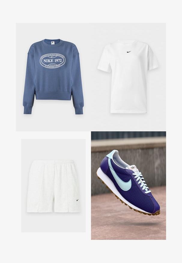 Sweat-shirt Nike bleu à manches longues avec poignets et ourlet côtelés, avec le texte blanc "NIKE 1972" et le logo dans un ovale sur la poitrine.; T-shirt blanc manches courtes à col rond avec un petit logo noir Nike Swoosh centré près du col.; Shorts de sport blancs avec taille élastique et logo Nike Swoosh noir sur la jambe gauche, présentés sur un fond uni.; Baskets Nike violettes avec un swoosh bleu clair, des lacets blancs et une semelle en caoutchouc, présentées en suspension au-dessus d'une surface en béton en extérieur.