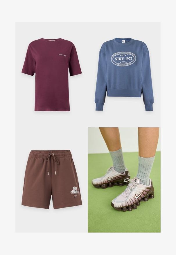Μπλε φούτερ Nike με μακριά μανίκια, ριμπ μανσέτες και τελείωμα, με λευκό κείμενο "NIKE 1972" και λογότυπο σε οβάλ στο στήθος.; Μπορντώ βαμβακερό T-shirt με κοντά μανίκια, κανονικό λαιμό και μικρό λευκό κεντημένο κείμενο στο μπροστινό μέρος. Λείο υλικό και άνετη εφαρμογή.; Καφέ αθλητικές βερμούδες με ελαστική μέση και κορδόνι. Διαθέτουν λευκό λογότυπο Nike και αθλητισμού· ύφασμα απαλής βαμβακερής σύνθεσης.; Nike αθλητικά παπούτσια σε ανοιχτό ροζ και καφέ, με υφή στο επάνω μέρος, επιμερισμένο σχεδιασμό και εξωτερική σόλα με απορρόφηση κραδασμών που διαθέτει ορατές μονάδες αέρα.