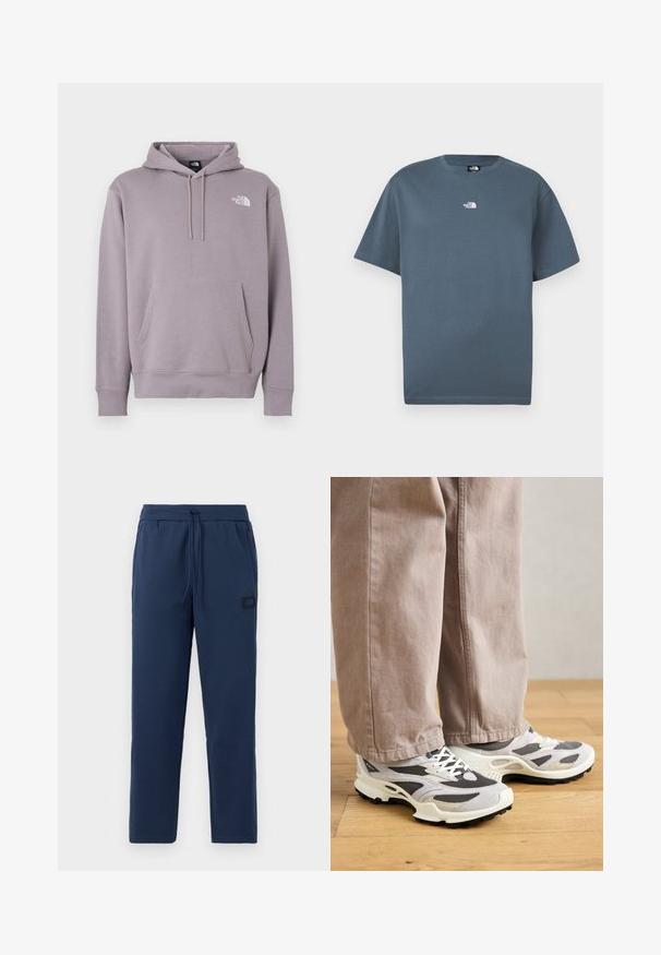 Pullover-Hoodie in hellem Lila aus weichem Stoff. Verfügt über eine vordere Kängurutasche, eine Kapuze mit Kordelzug und ein weißes Logo oben links.; Blaues T-Shirt mit kurzen Ärmeln und Rundhalsausschnitt, mit kleinem weißem "The North Face"-Logo mittig auf der Brust.; Navyblaue Jogginghosen aus einem weichen Baumwollmix, mit einem elastischen Bund und Kordelzug sowie einem kleinen Markenpatch an der Hüfte.; Person, der beiger weit geschnittener Hose und grau-weißen Sneakern steht auf einem Holzboden.