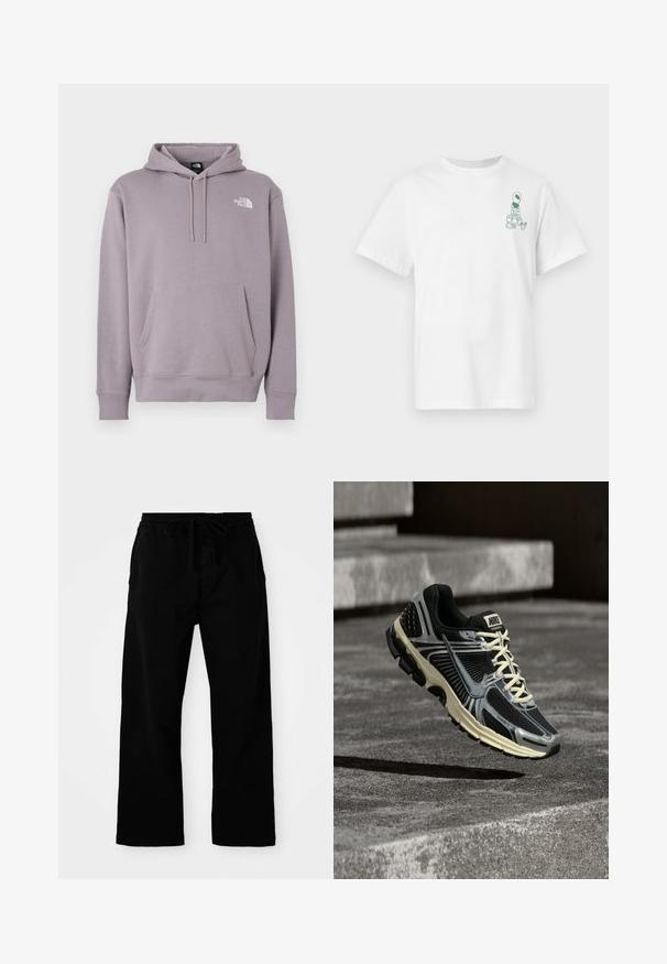 Pullover-Hoodie in hellem Lila aus weichem Stoff. Verfügt über eine vordere Kängurutasche, eine Kapuze mit Kordelzug und ein weißes Logo oben links.; Weißes kurzärmliges T-Shirt mit kleiner grüner Alien-Grafik, die Taschen auf der linken Brustseite trägt.; Schwarze, elastische Hosen mit verstellbarem Kordelzug, weitem Bein und glatter Baumwollstruktur. Keine sichtbaren Muster oder Hardware-Details.; Schwarz-grauer Nike-Laufschuh mit cremefarbenen Schnürsenkeln, der über einer strukturierten Betonoberfläche schwebt.