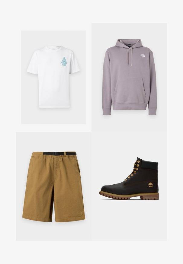 Sweat à capuche en violet clair, fabriqué en tissu doux. Comprend une poche ventrale avant, une capuche avec cordon de serrage, et un logo blanc en haut à gauche.; T-shirt blanc à manches courtes avec col rond, orné d'un petit dessin d'œil bleu à l'intérieur d'une forme de goutte sur le côté gauche de la poitrine.; Shorts décontractés marron avec ceinture noire ajustable à boucle, poches latérales et logo discret sur la partie inférieure de la jambe gauche, sur un fond uni.; Bottine noire en cuir avec œillets dorés, accents marron et semelle en caoutchouc. Comprend un col rembourré et un logo estampé sur le côté.