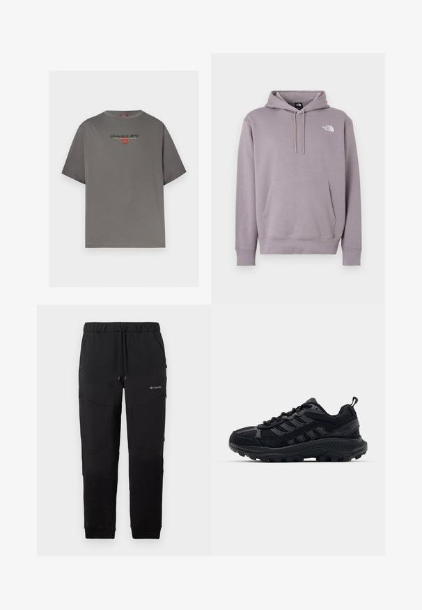 Sweat à capuche en violet clair, fabriqué en tissu doux. Comprend une poche ventrale avant, une capuche avec cordon de serrage, et un logo blanc en haut à gauche.; T-shirt gris à manches courtes avec le logo "OAKLEY" et un petit graphisme rouge centré sur la poitrine, présenté sur un fond blanc uni.; Pantalon de jogging noir de la marque Columbia avec taille à cordon de serrage, poches latérales zippées et détails de panneau au niveau des genoux, présenté sur un fond blanc.; Chaussures de sport noires avec une tige en mesh texturé et en suède, bout renforcé et semelle extérieure robuste. Présente un design à lacets et une languette.