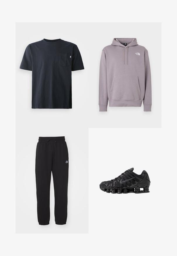 Pullover-Hoodie in hellem Lila aus weichem Stoff. Verfügt über eine vordere Kängurutasche, eine Kapuze mit Kordelzug und ein weißes Logo oben links.; Dunkelblaues Baumwoll-T-Shirt mit rundem Ausschnitt und kurzen Ärmeln. Enthält eine einzelne Brusttasche und ein gerades Saumdesign.; Schwarze Jogginghose aus weichem Stoff, mit einem elastischen Bund und Kordelzug, Bündchen an den Knöcheln und einem kleinen Logo am Oberschenkel.; Schwarze Sportschuhe aus Mesh- und synthetischen Materialien mit einem markanten wellenförmigen Design, schwarzer Gummisohle und reflektierenden Akzenten.
